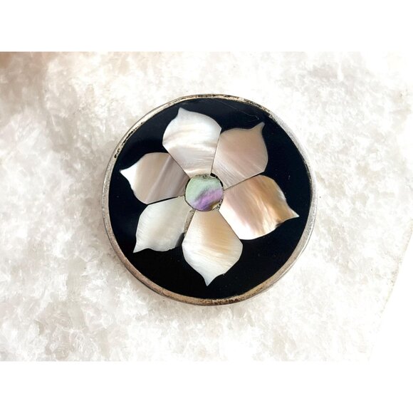 Hecho De Mexico Silver T Mother of Pearl | Abalone Inlaid Floral Vintage Brooch - Picture 9 of 9